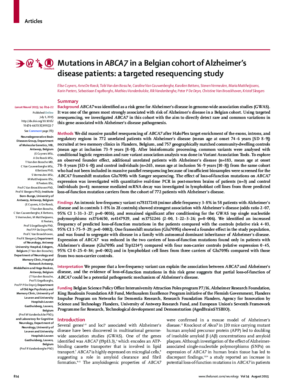 Mutations in ABCA7 in a Belgian cohort of Alzheimer's disease patients: a targeted resequencing study
