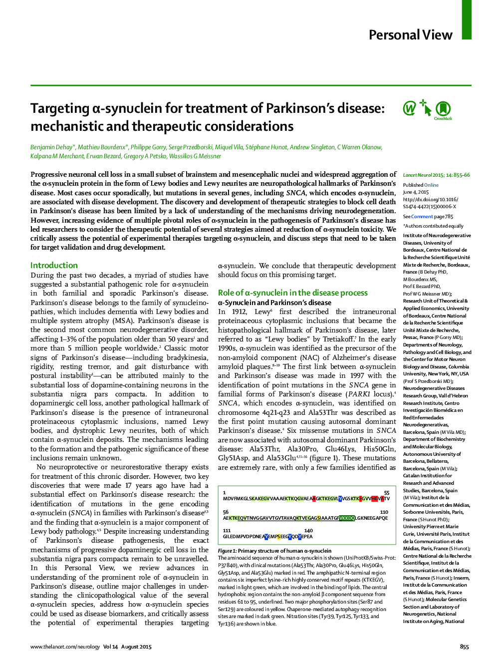 Targeting α-synuclein for treatment of Parkinson's disease: mechanistic and therapeutic considerations