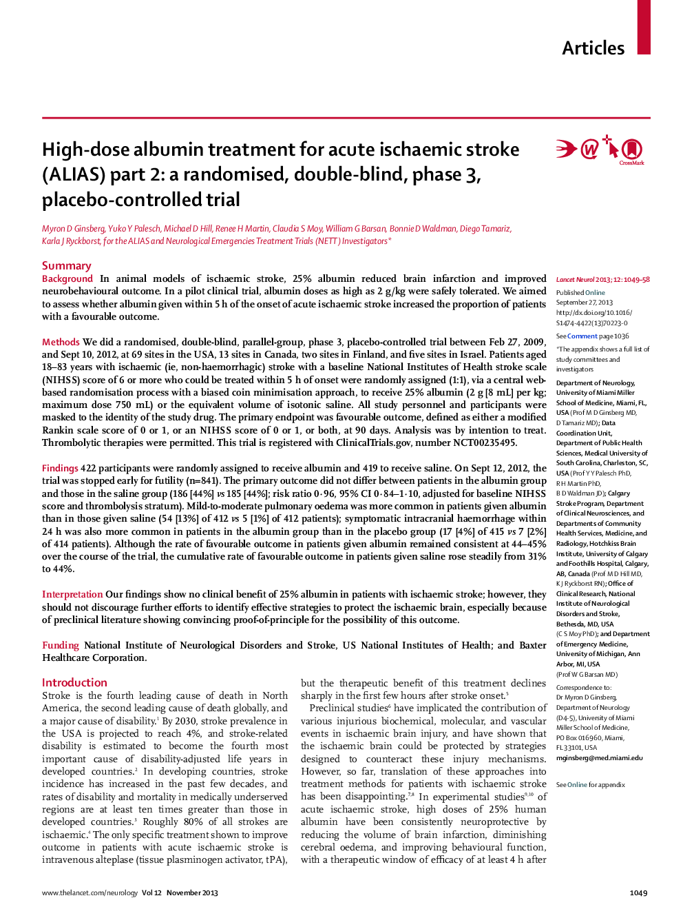 High-dose albumin treatment for acute ischaemic stroke (ALIAS) part 2: a randomised, double-blind, phase 3, placebo-controlled trial