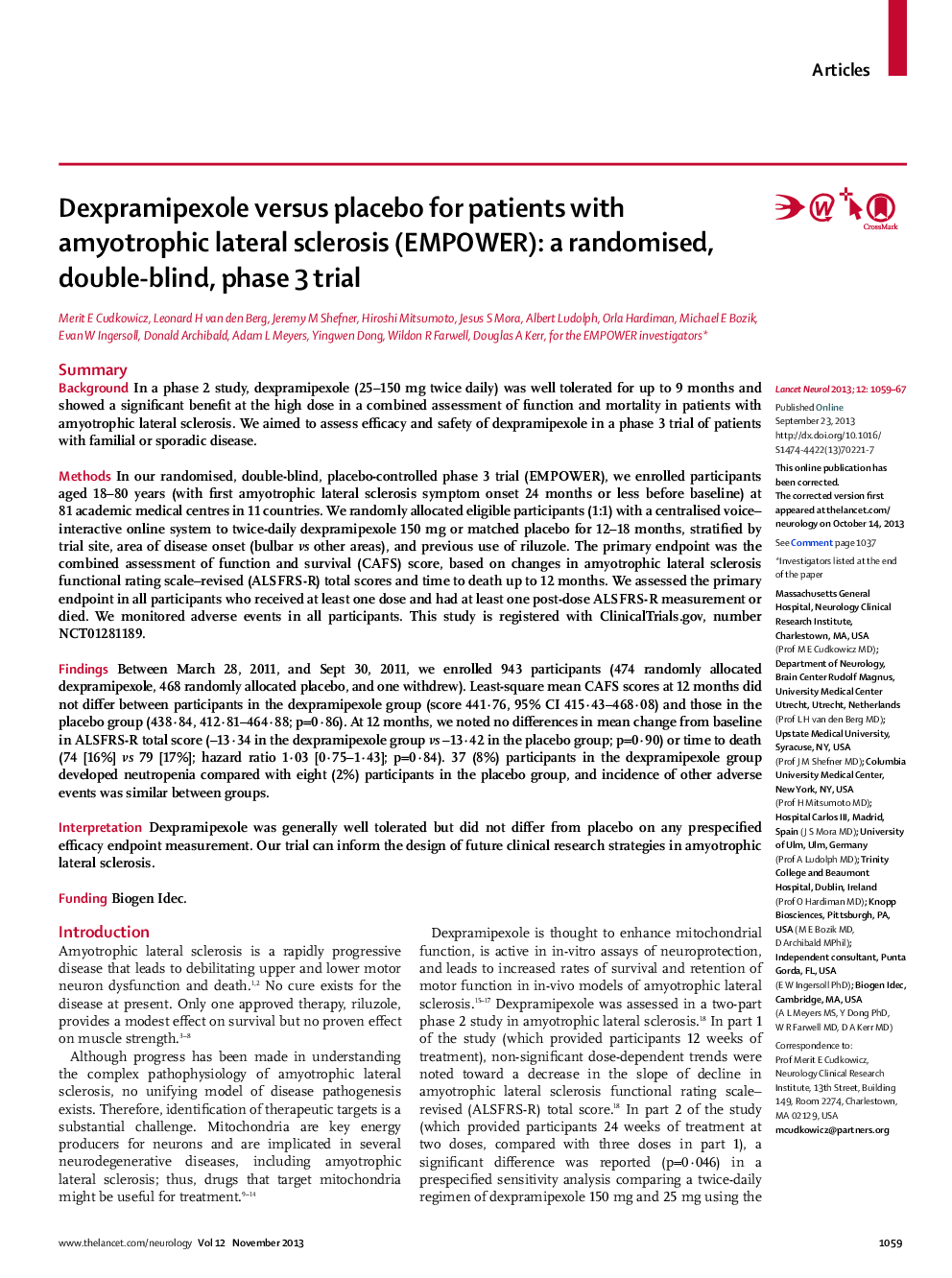 Dexpramipexole versus placebo for patients with amyotrophic lateral sclerosis (EMPOWER): a randomised, double-blind, phase 3 trial