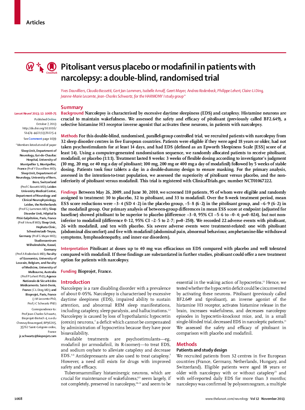 Pitolisant versus placebo or modafinil in patients with narcolepsy: a double-blind, randomised trial