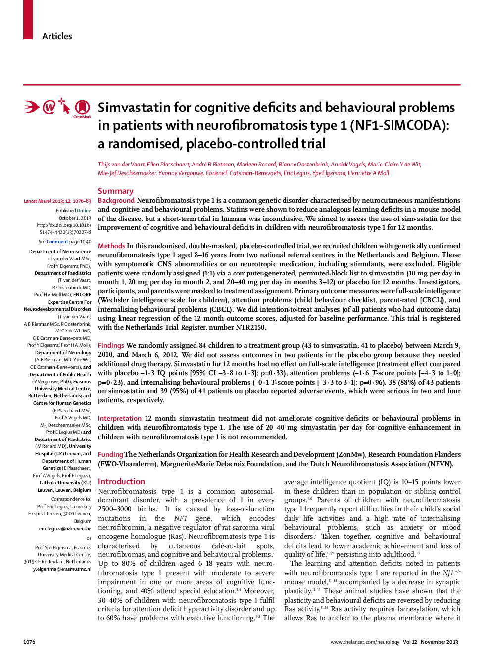 Simvastatin for cognitive deficits and behavioural problems in patients with neurofibromatosis type 1 (NF1-SIMCODA): a randomised, placebo-controlled trial