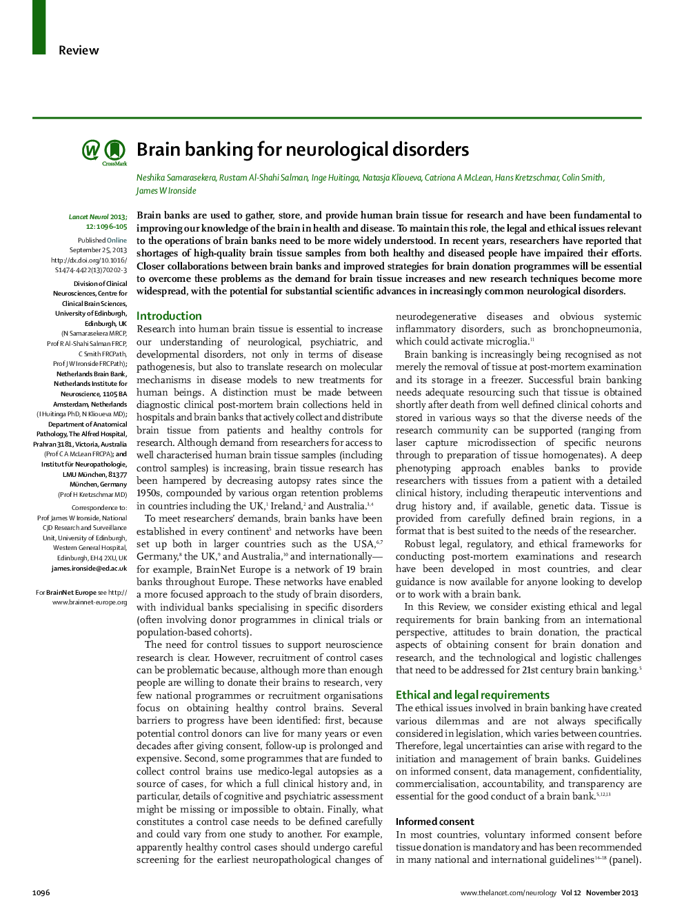 Brain banking for neurological disorders