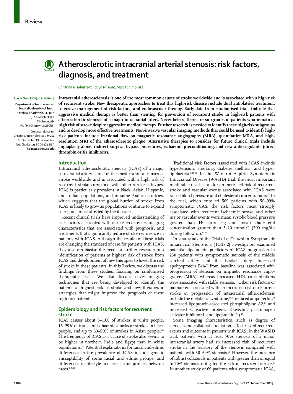 Atherosclerotic intracranial arterial stenosis: risk factors, diagnosis, and treatment