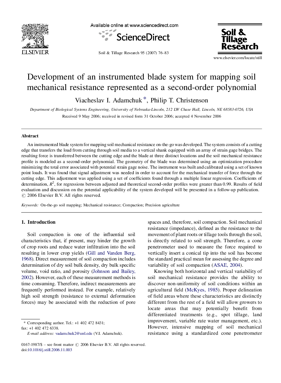 Development of an instrumented blade system for mapping soil mechanical resistance represented as a second-order polynomial