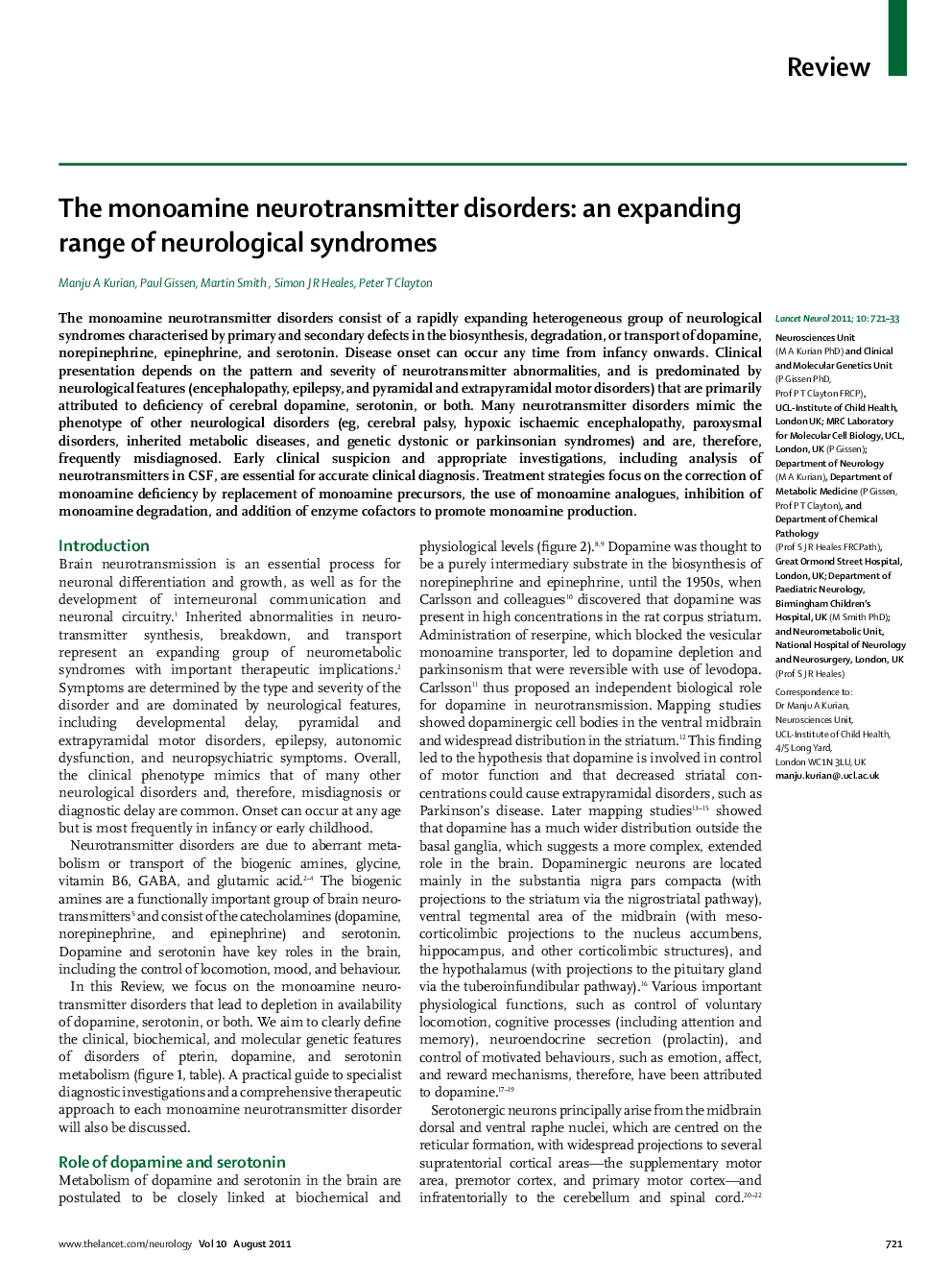 The monoamine neurotransmitter disorders: an expanding range of neurological syndromes