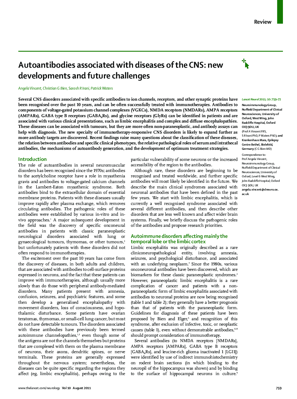 Autoantibodies associated with diseases of the CNS: new developments and future challenges