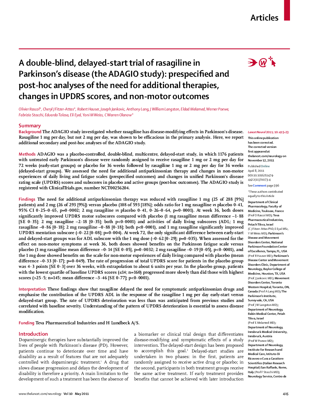 A double-blind, delayed-start trial of rasagiline in Parkinson's disease (the ADAGIO study): prespecified and post-hoc analyses of the need for additional therapies, changes in UPDRS scores, and non-motor outcomes