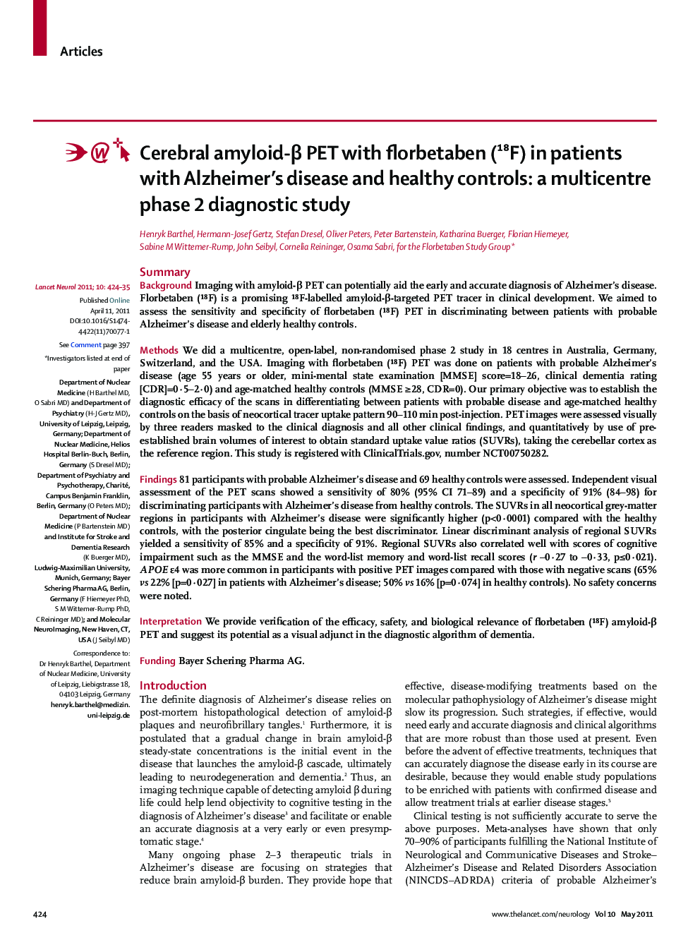 Cerebral amyloid-β PET with florbetaben (18F) in patients with Alzheimer's disease and healthy controls: a multicentre phase 2 diagnostic study