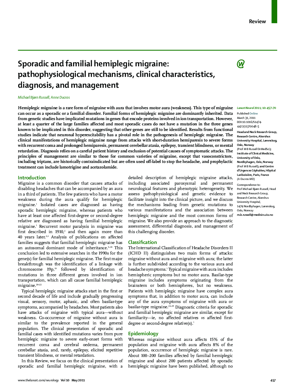 Sporadic and familial hemiplegic migraine: pathophysiological mechanisms, clinical characteristics, diagnosis, and management