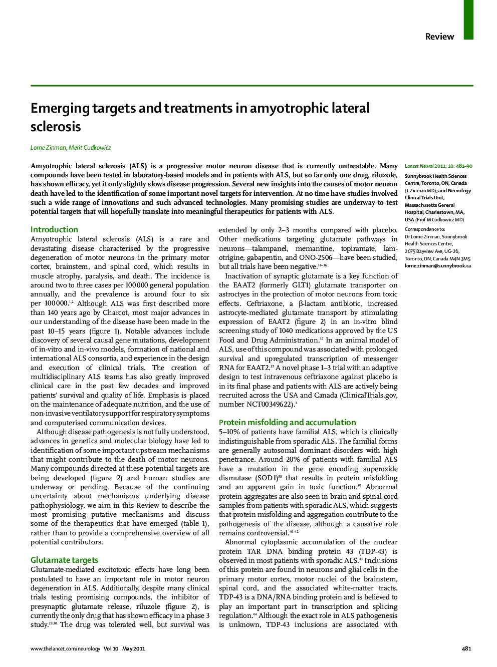 Emerging targets and treatments in amyotrophic lateral sclerosis