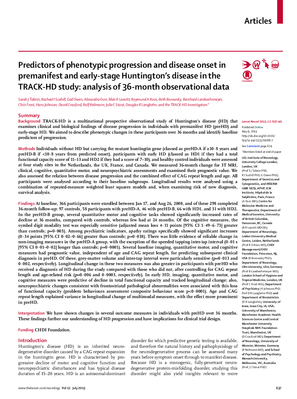 Predictors of phenotypic progression and disease onset in premanifest and early-stage Huntington's disease in the TRACK-HD study: analysis of 36-month observational data