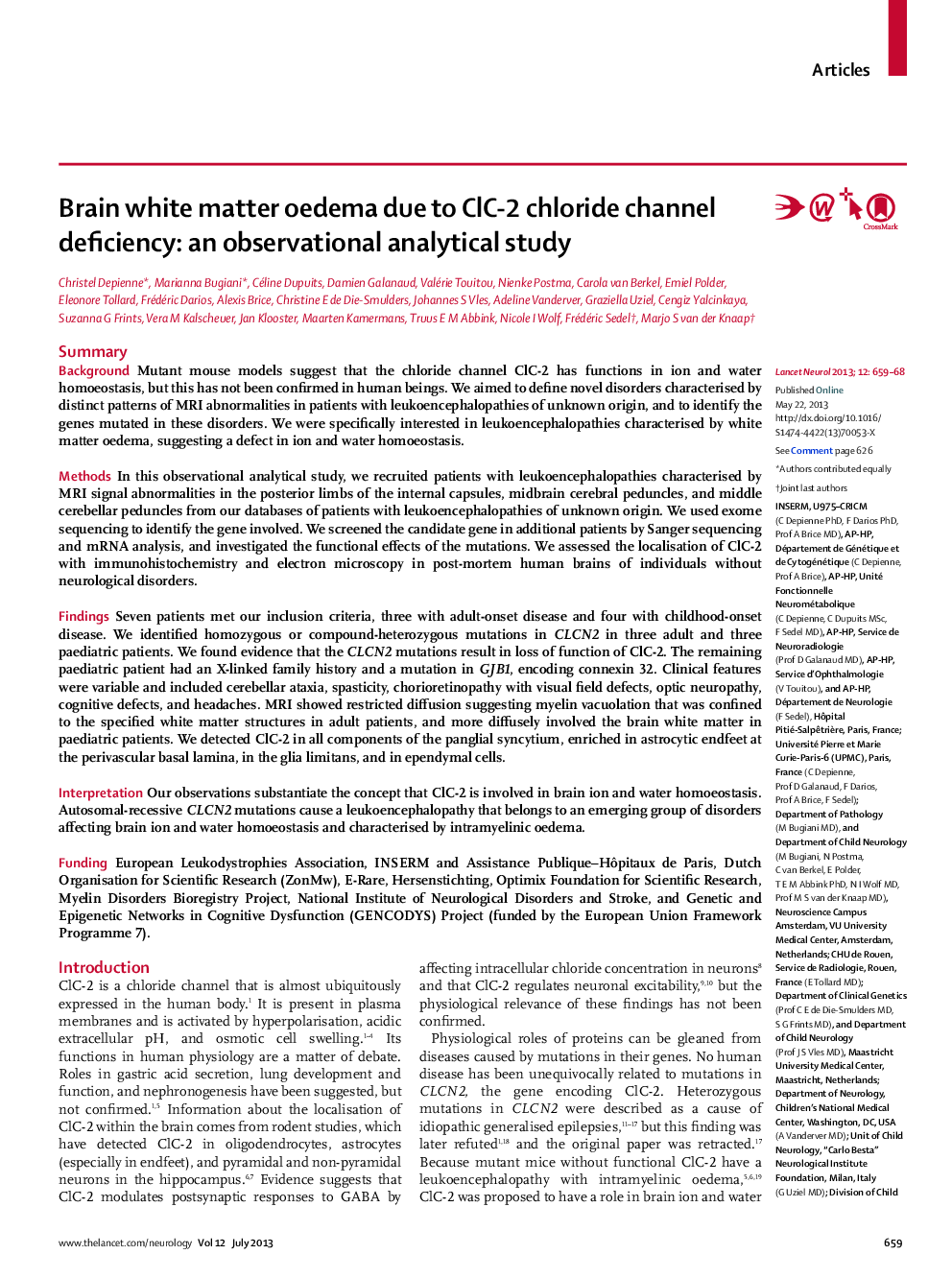 Brain white matter oedema due to ClC-2 chloride channel deficiency: an observational analytical study