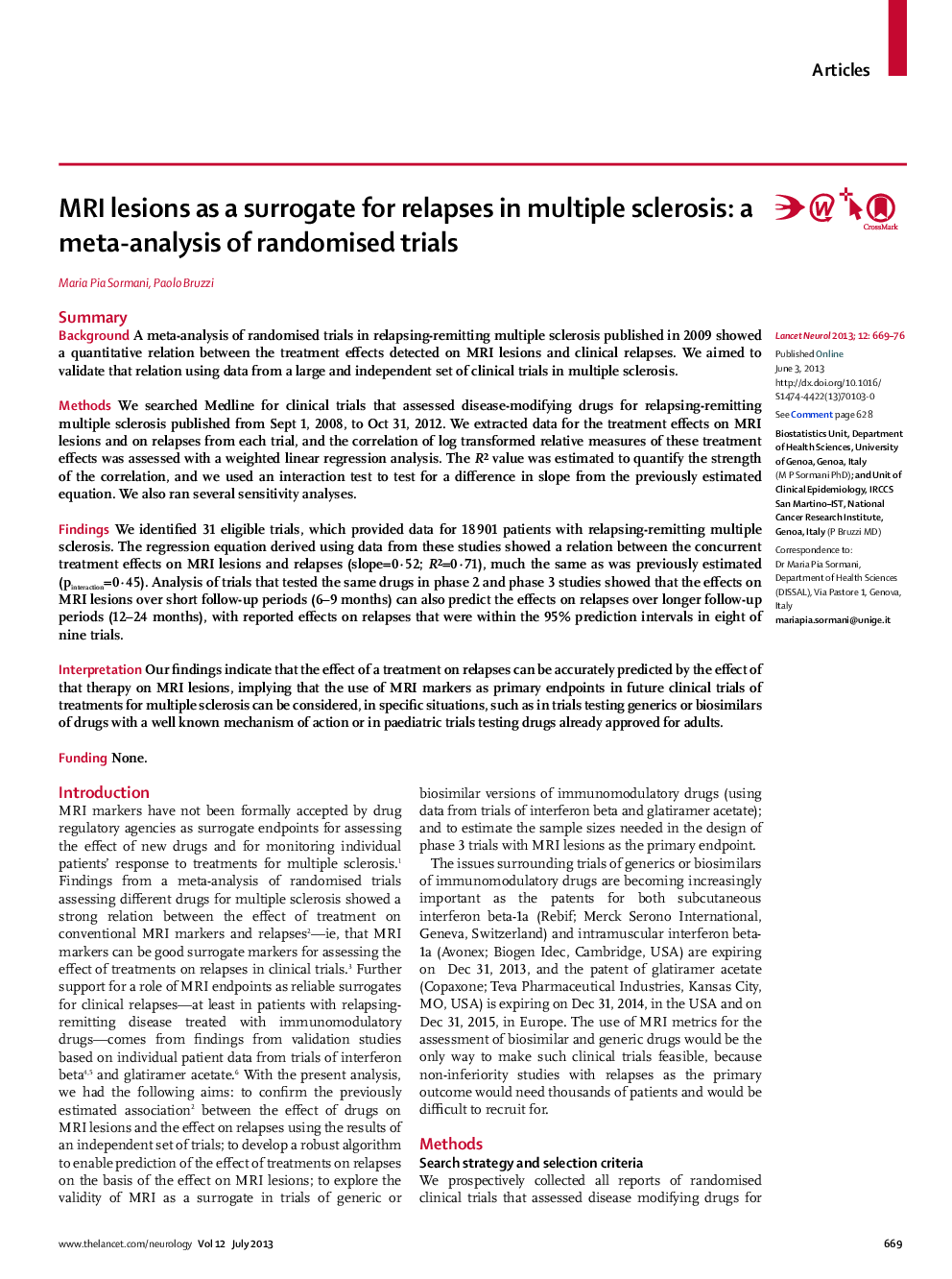 MRI lesions as a surrogate for relapses in multiple sclerosis: a meta-analysis of randomised trials