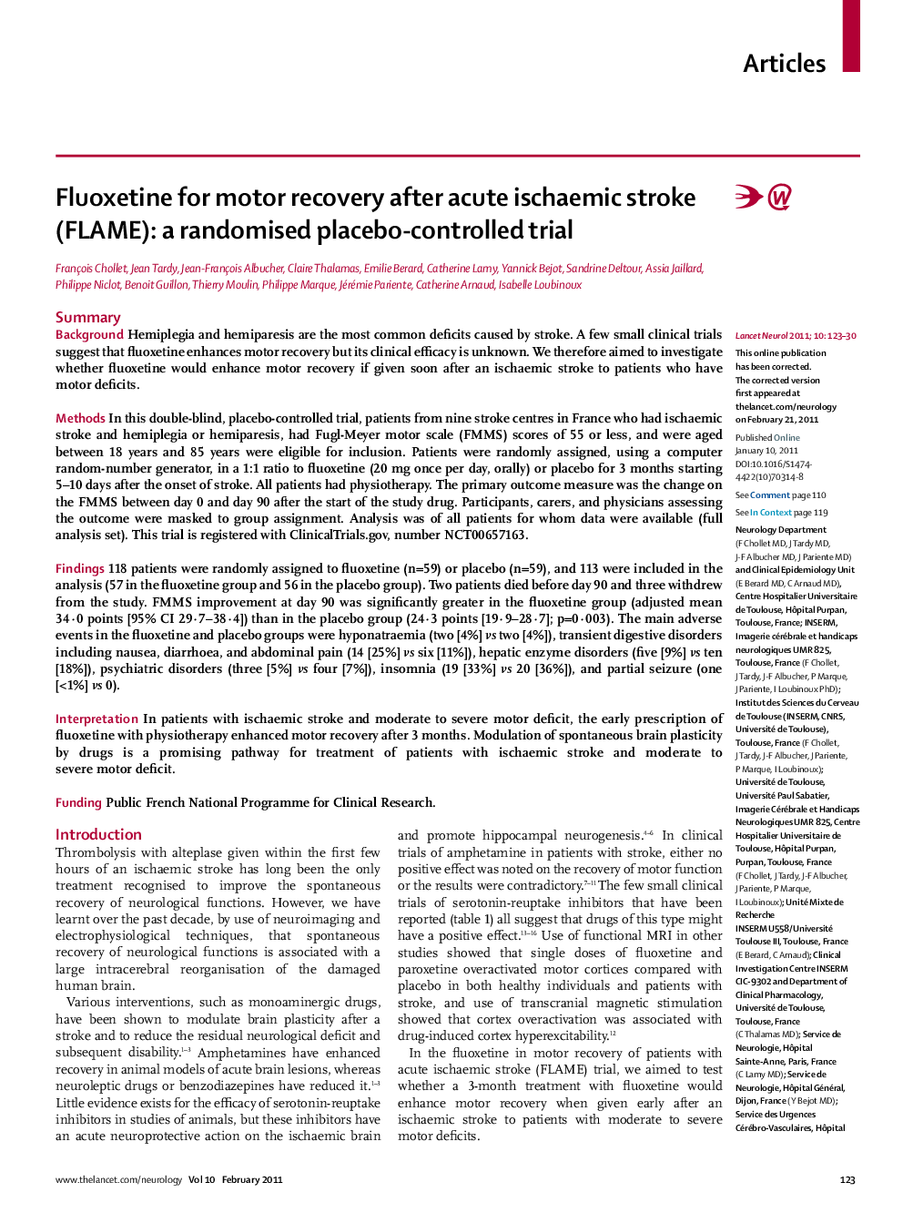 Fluoxetine for motor recovery after acute ischaemic stroke (FLAME): a randomised placebo-controlled trial