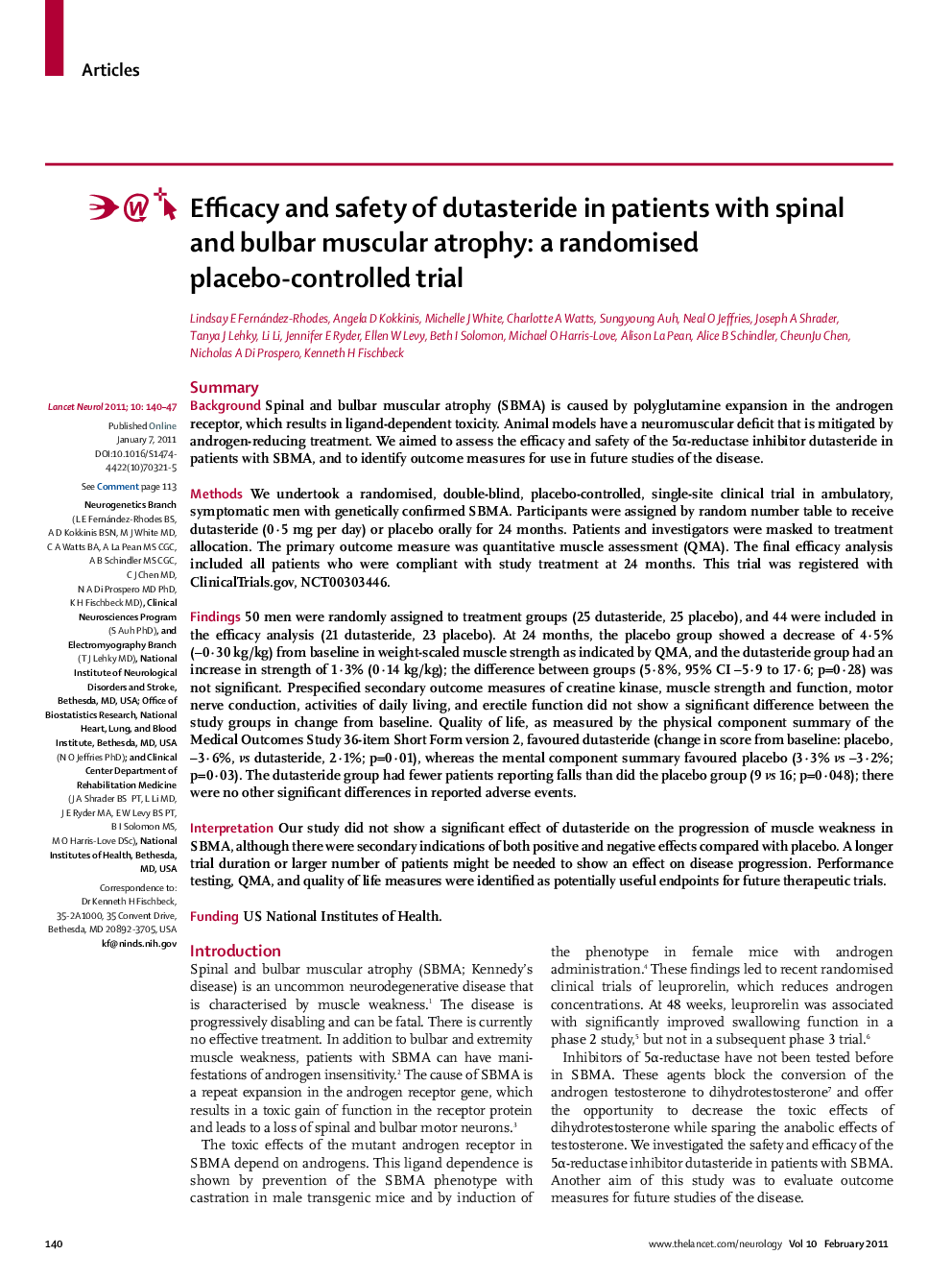 Efficacy and safety of dutasteride in patients with spinal and bulbar muscular atrophy: a randomised placebo-controlled trial