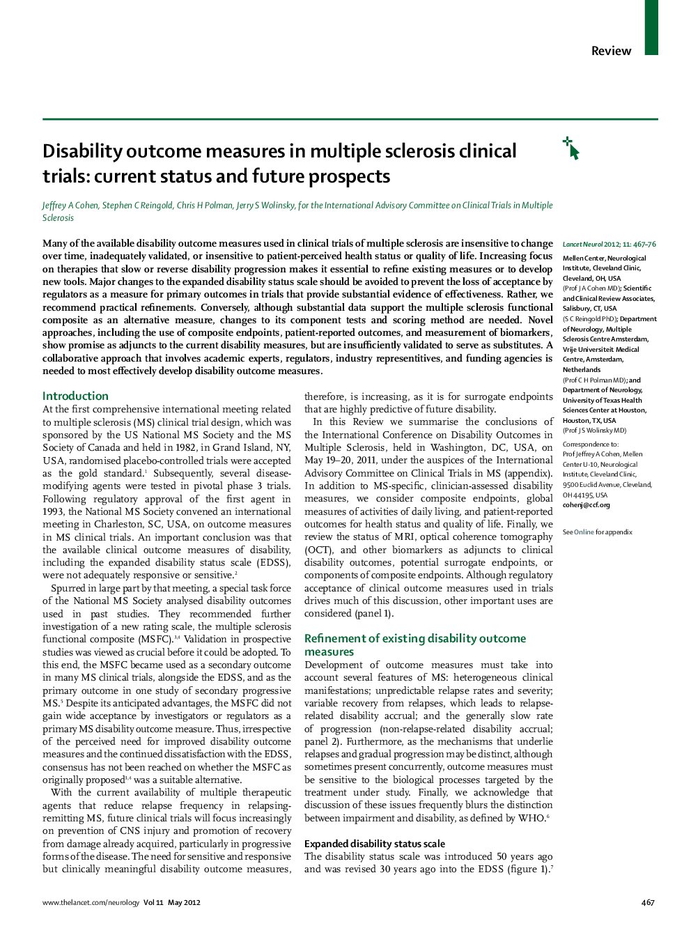 Disability outcome measures in multiple sclerosis clinical trials: current status and future prospects