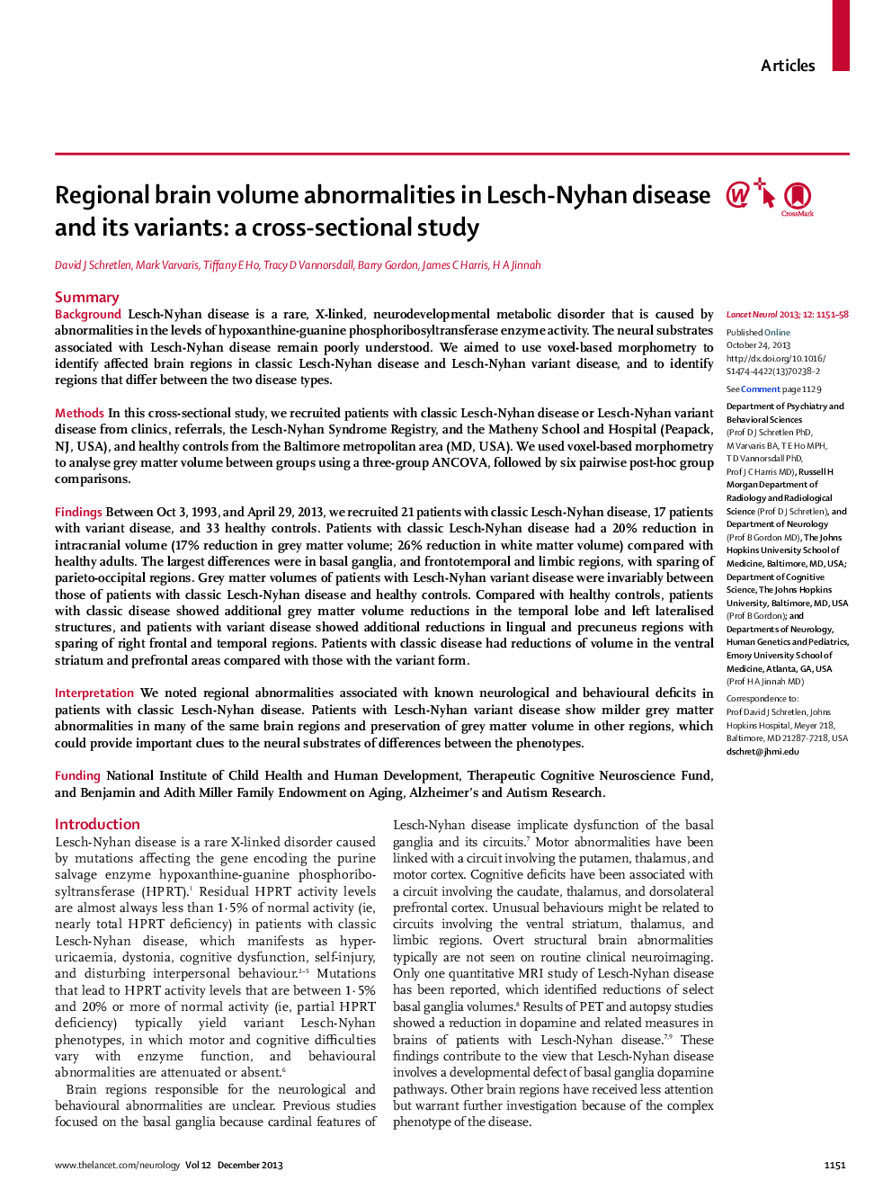 Regional brain volume abnormalities in Lesch-Nyhan disease and its variants: a cross-sectional study