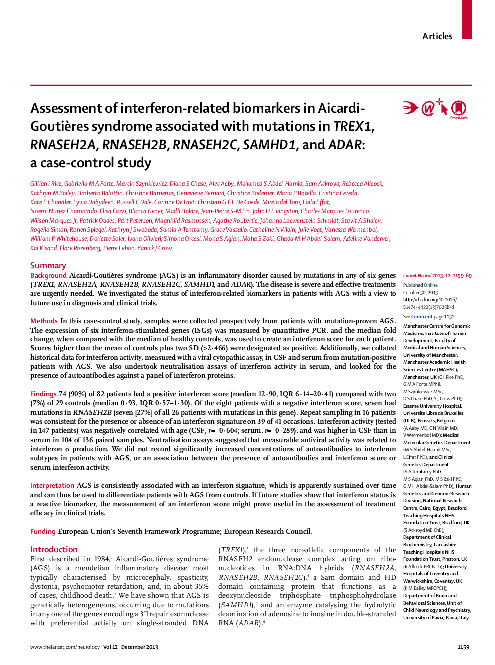 Assessment of interferon-related biomarkers in Aicardi-Goutières syndrome associated with mutations in TREX1, RNASEH2A, RNASEH2B, RNASEH2C, SAMHD1, and ADAR: a case-control study