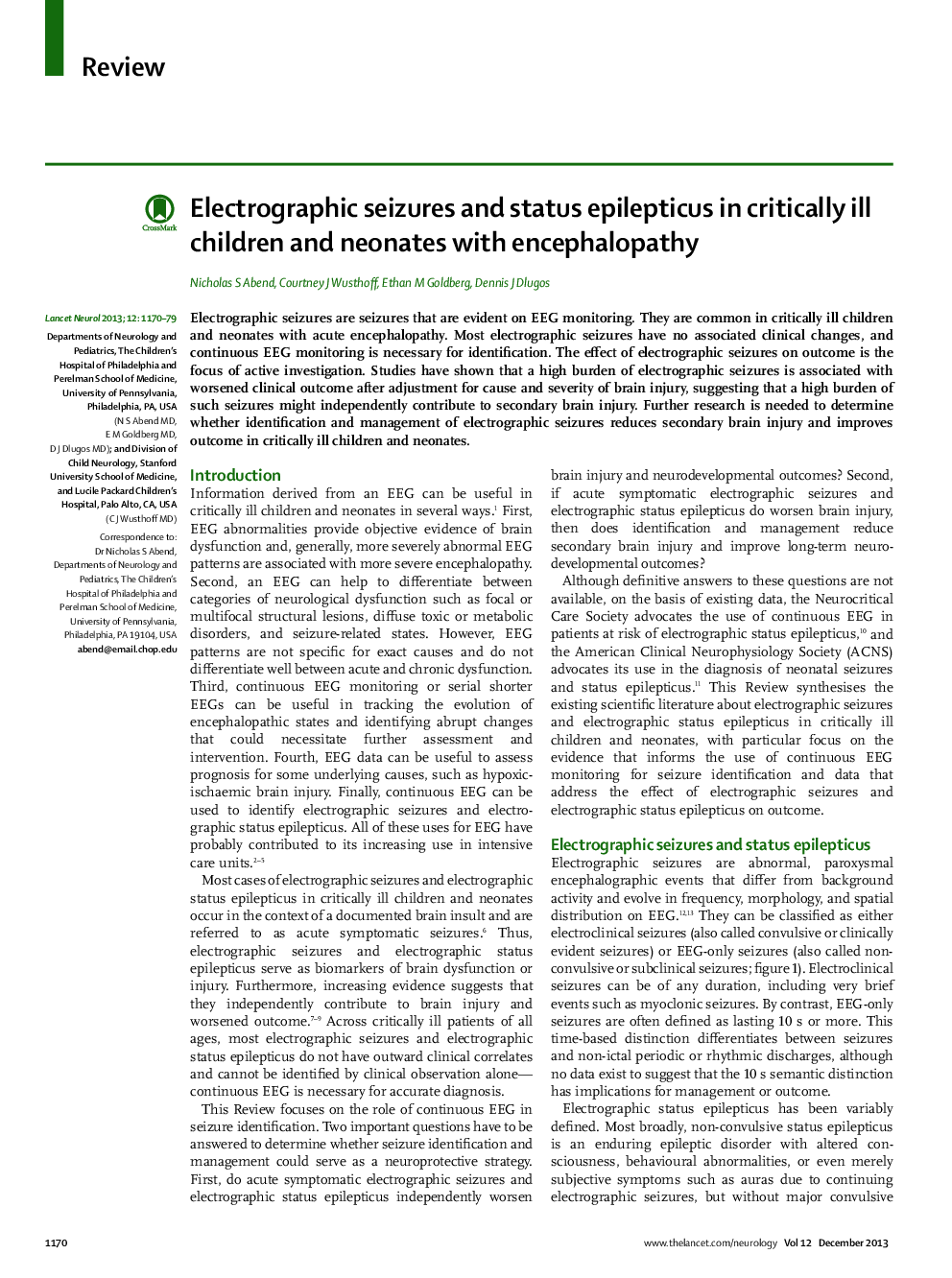 Electrographic seizures and status epilepticus in critically ill children and neonates with encephalopathy