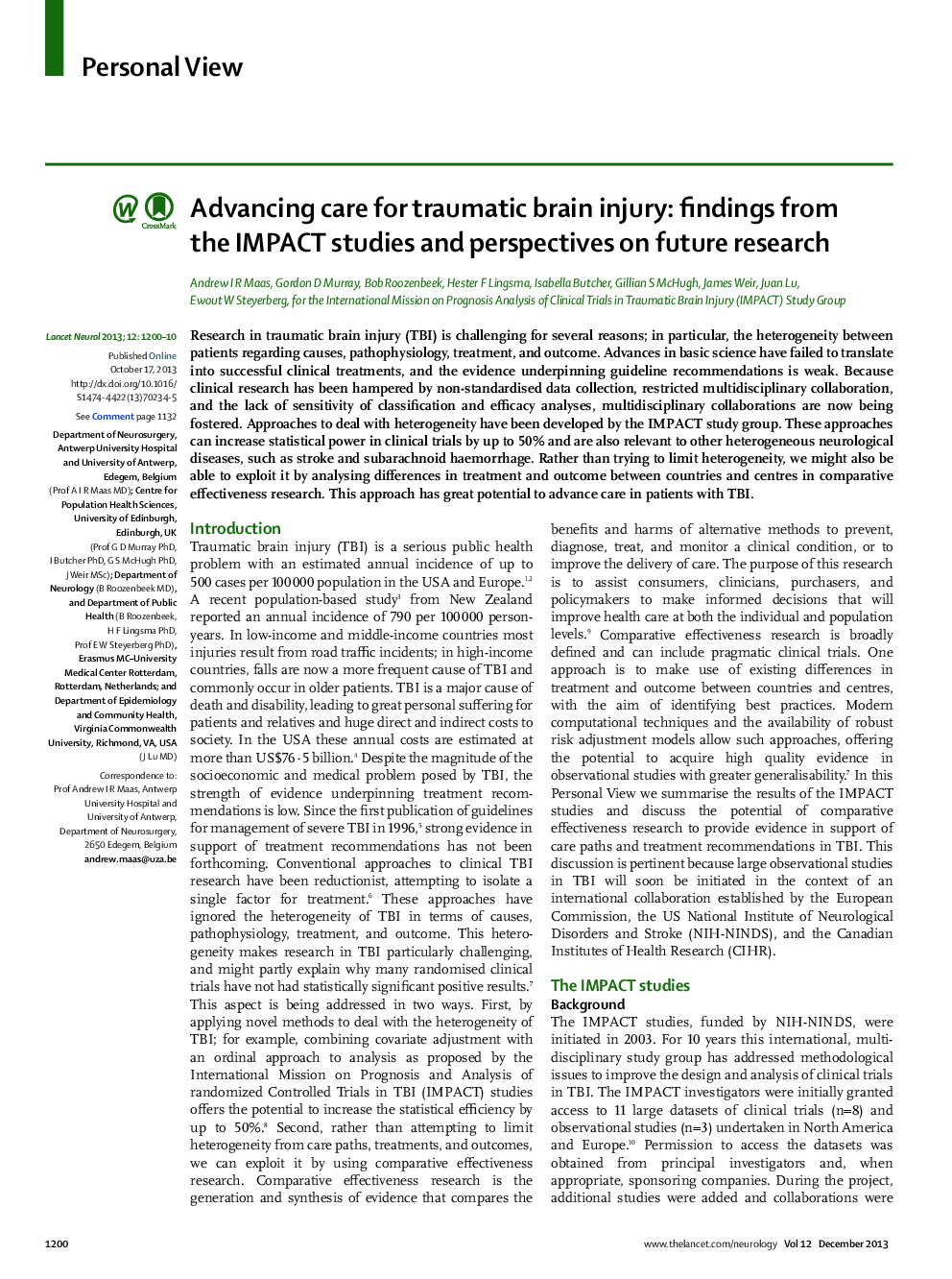 Advancing care for traumatic brain injury: findings from the IMPACT studies and perspectives on future research