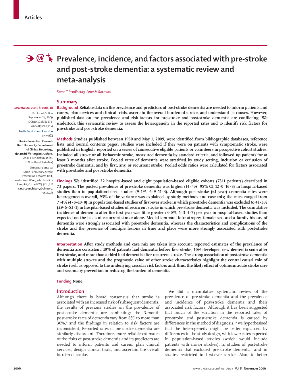 Prevalence, incidence, and factors associated with pre-stroke and post-stroke dementia: a systematic review and meta-analysis