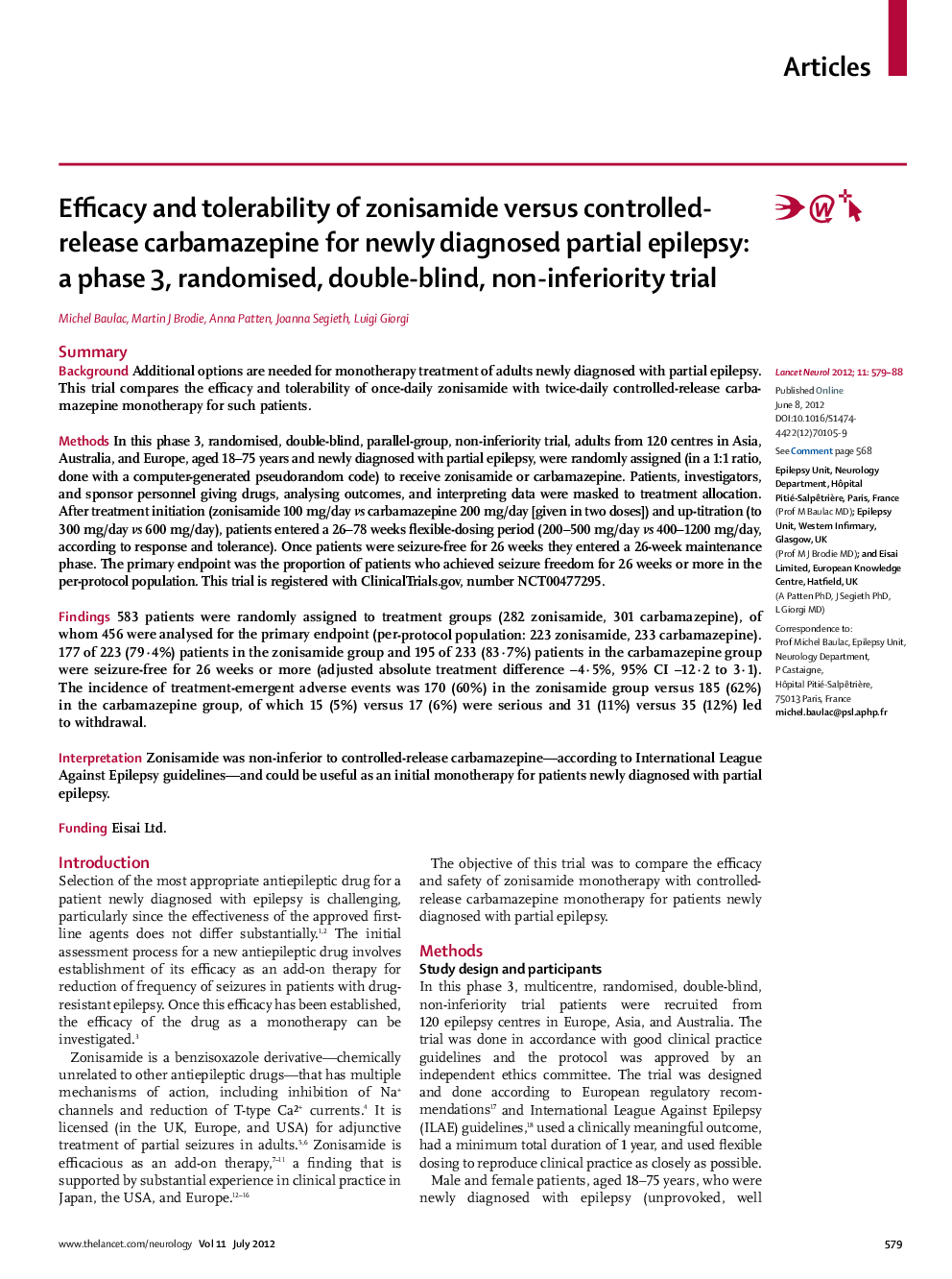 Efficacy and tolerability of zonisamide versus controlled-release carbamazepine for newly diagnosed partial epilepsy: a phase 3, randomised, double-blind, non-inferiority trial