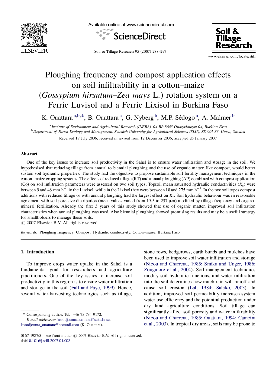 Ploughing frequency and compost application effects on soil infiltrability in a cotton–maize (Gossypium hirsutum–Zea mays L.) rotation system on a Ferric Luvisol and a Ferric Lixisol in Burkina Faso