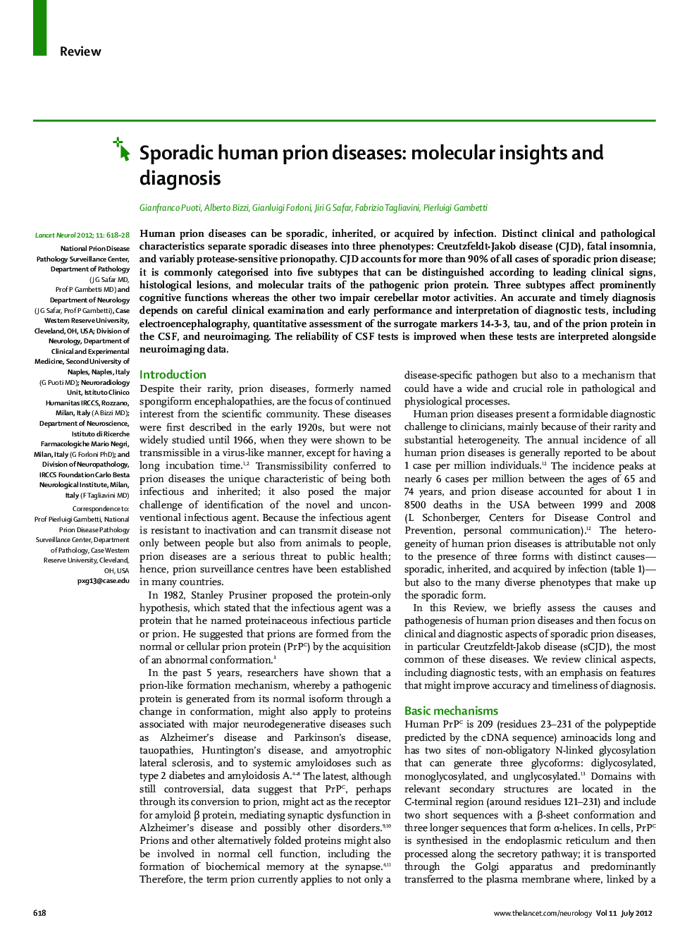 Sporadic human prion diseases: molecular insights and diagnosis