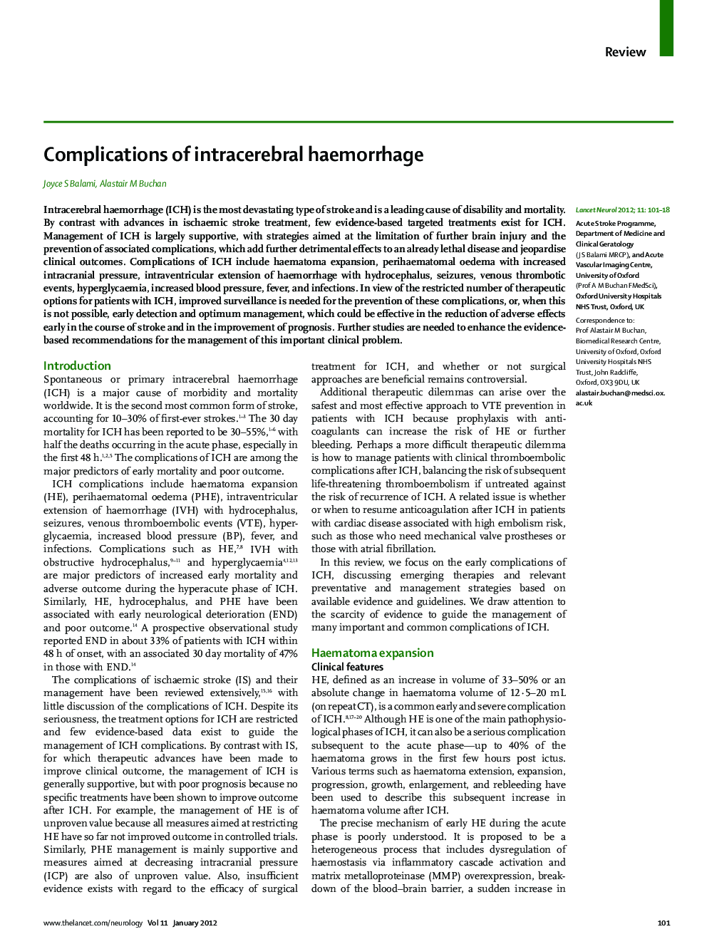 Complications of intracerebral haemorrhage