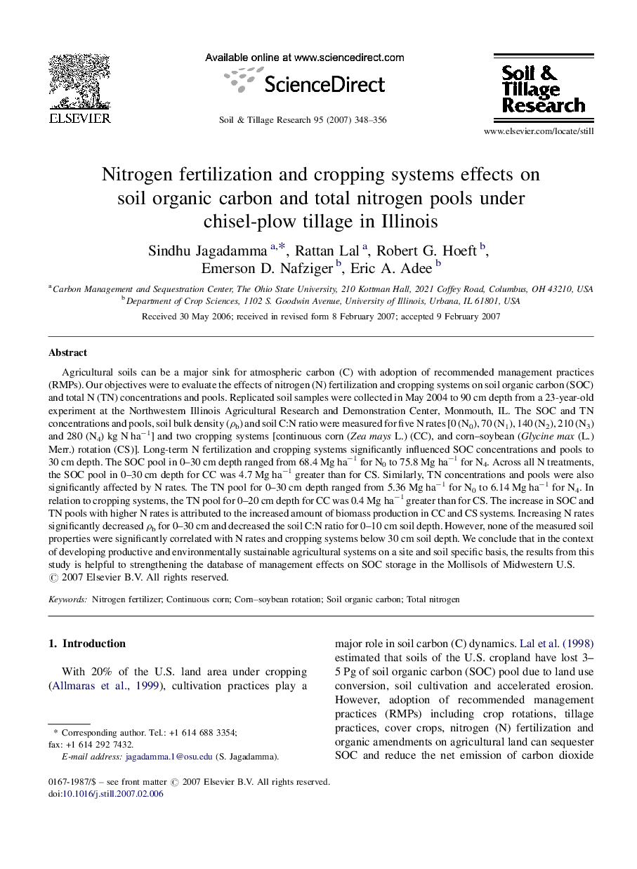 Nitrogen fertilization and cropping systems effects on soil organic carbon and total nitrogen pools under chisel-plow tillage in Illinois