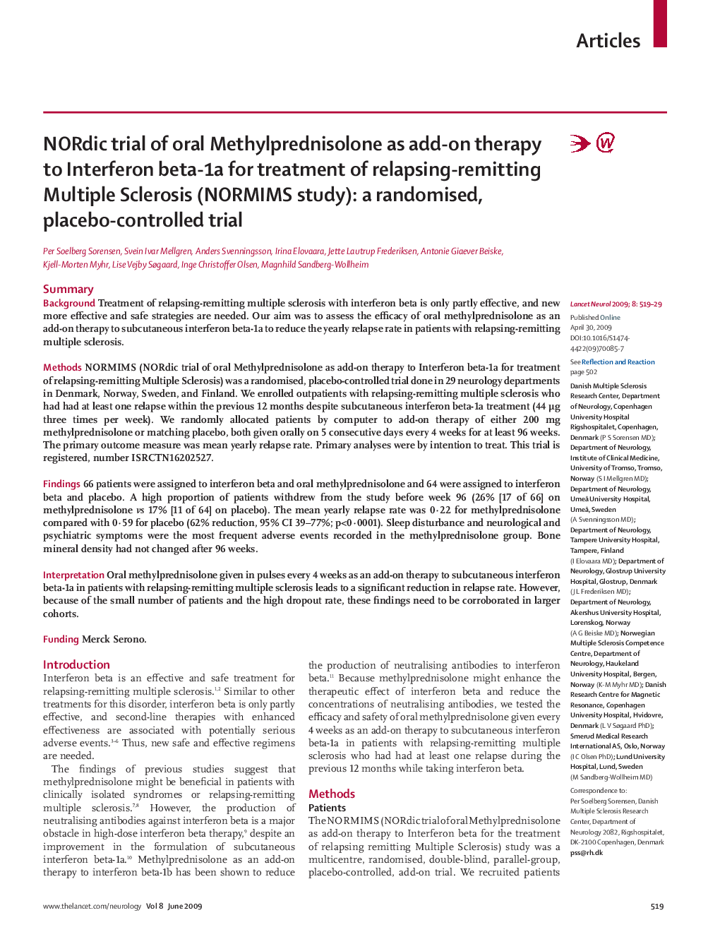 NORdic trial of oral Methylprednisolone as add-on therapy to Interferon beta-1a for treatment of relapsing-remitting Multiple Sclerosis (NORMIMS study): a randomised, placebo-controlled trial