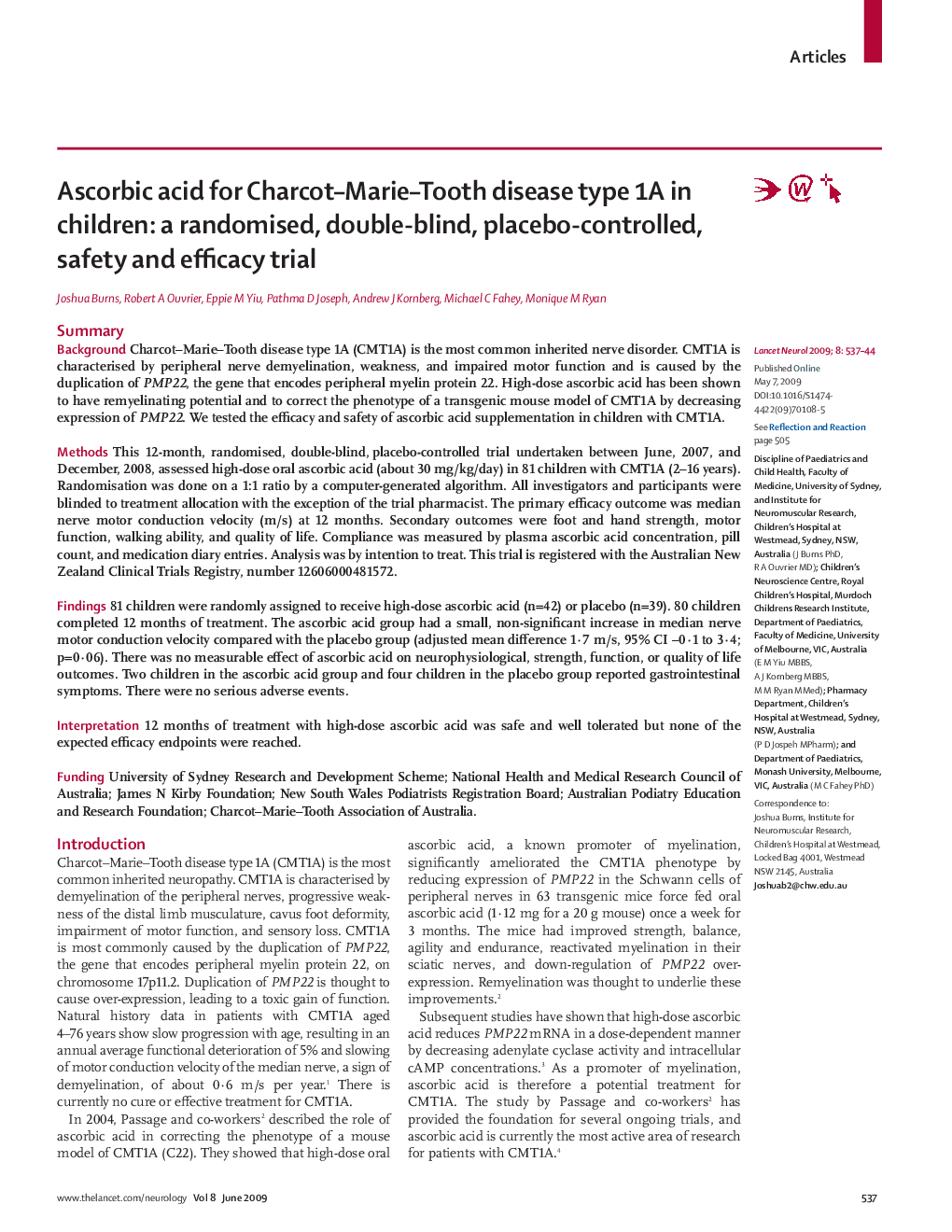 Ascorbic acid for Charcot–Marie–Tooth disease type 1A in children: a randomised, double-blind, placebo-controlled, safety and efficacy trial