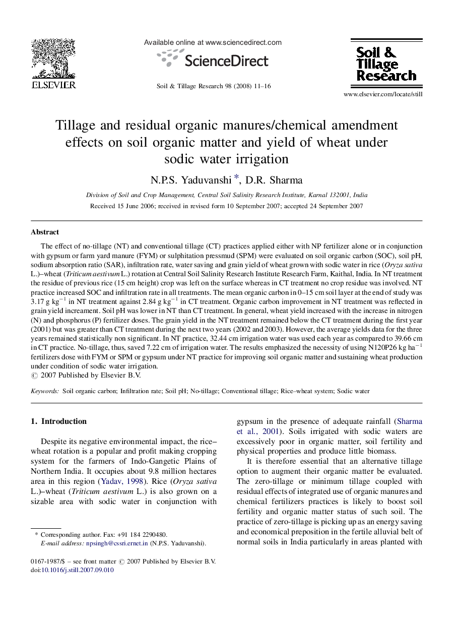 Tillage and residual organic manures/chemical amendment effects on soil organic matter and yield of wheat under sodic water irrigation