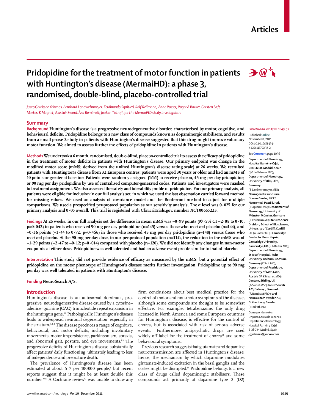 Pridopidine for the treatment of motor function in patients with Huntington's disease (MermaiHD): a phase 3, randomised, double-blind, placebo-controlled trial