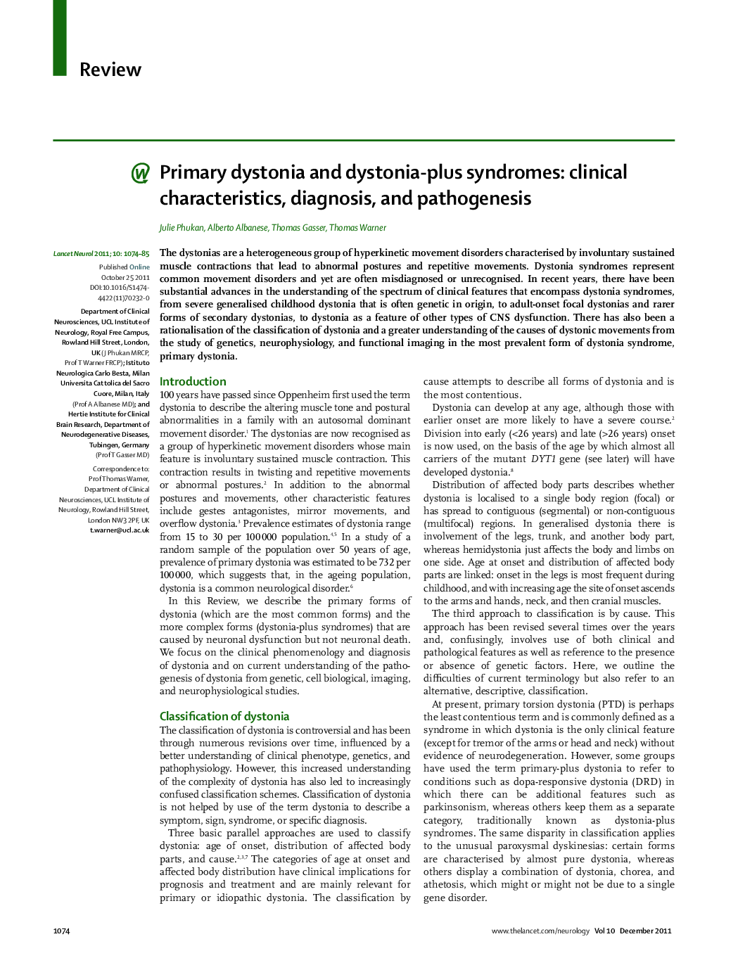 Primary dystonia and dystonia-plus syndromes: clinical characteristics, diagnosis, and pathogenesis