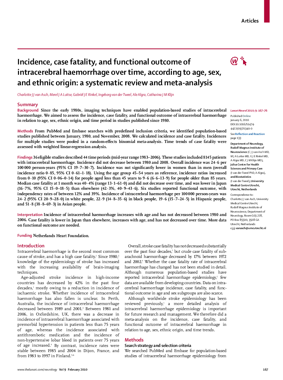 Incidence, case fatality, and functional outcome of intracerebral haemorrhage over time, according to age, sex, and ethnic origin: a systematic review and meta-analysis