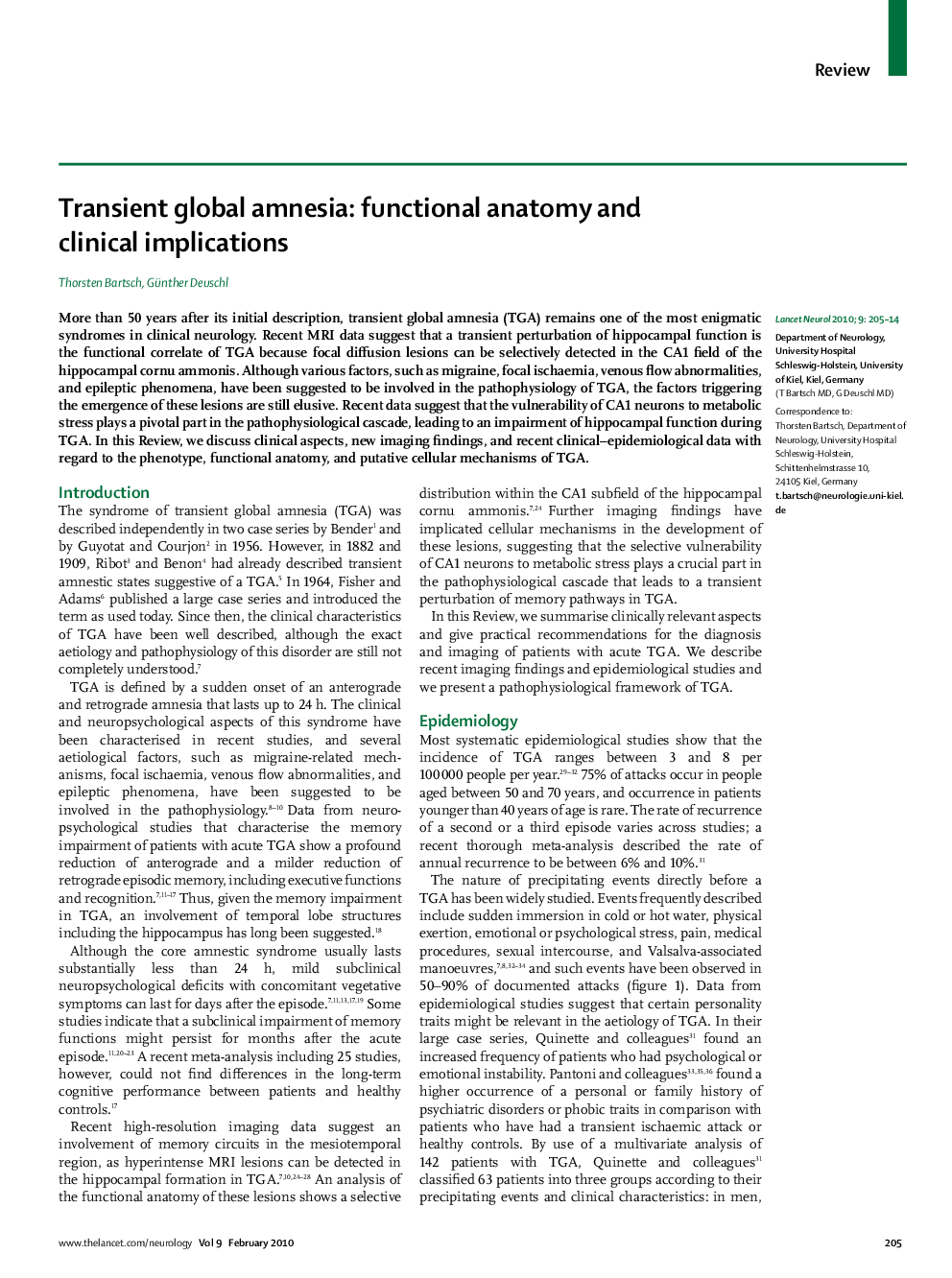 Transient global amnesia: functional anatomy and clinical implications