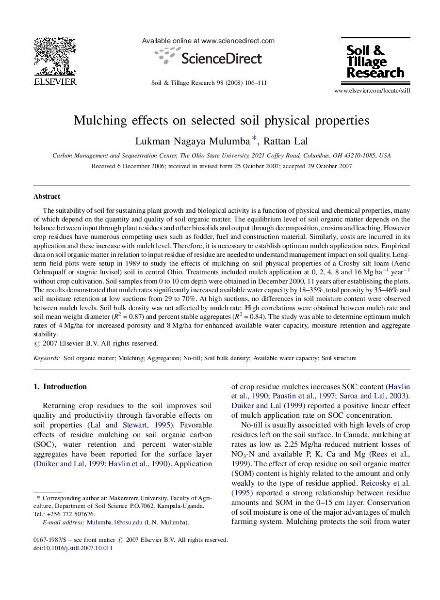 Mulching effects on selected soil physical properties