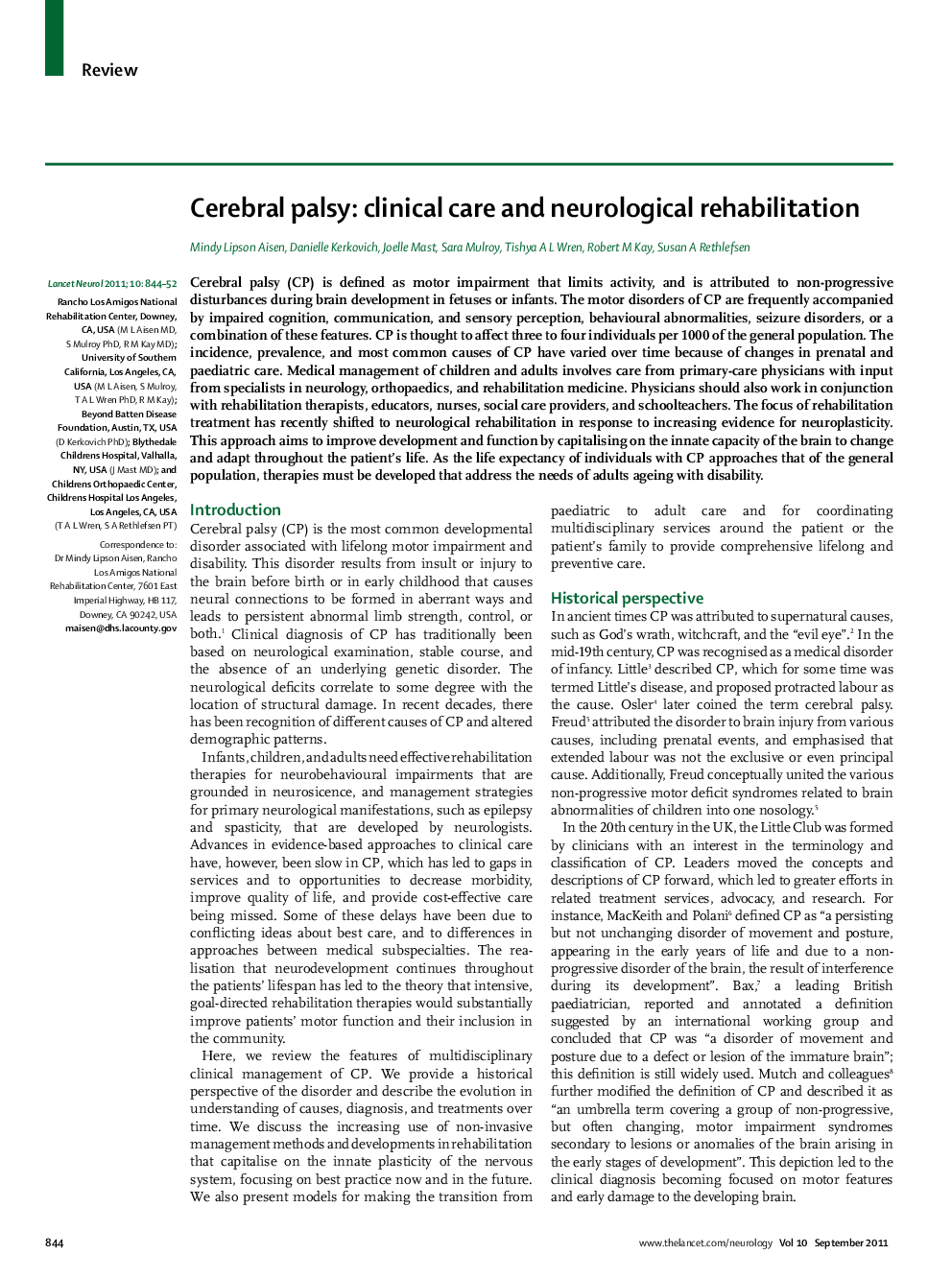 Cerebral palsy: clinical care and neurological rehabilitation