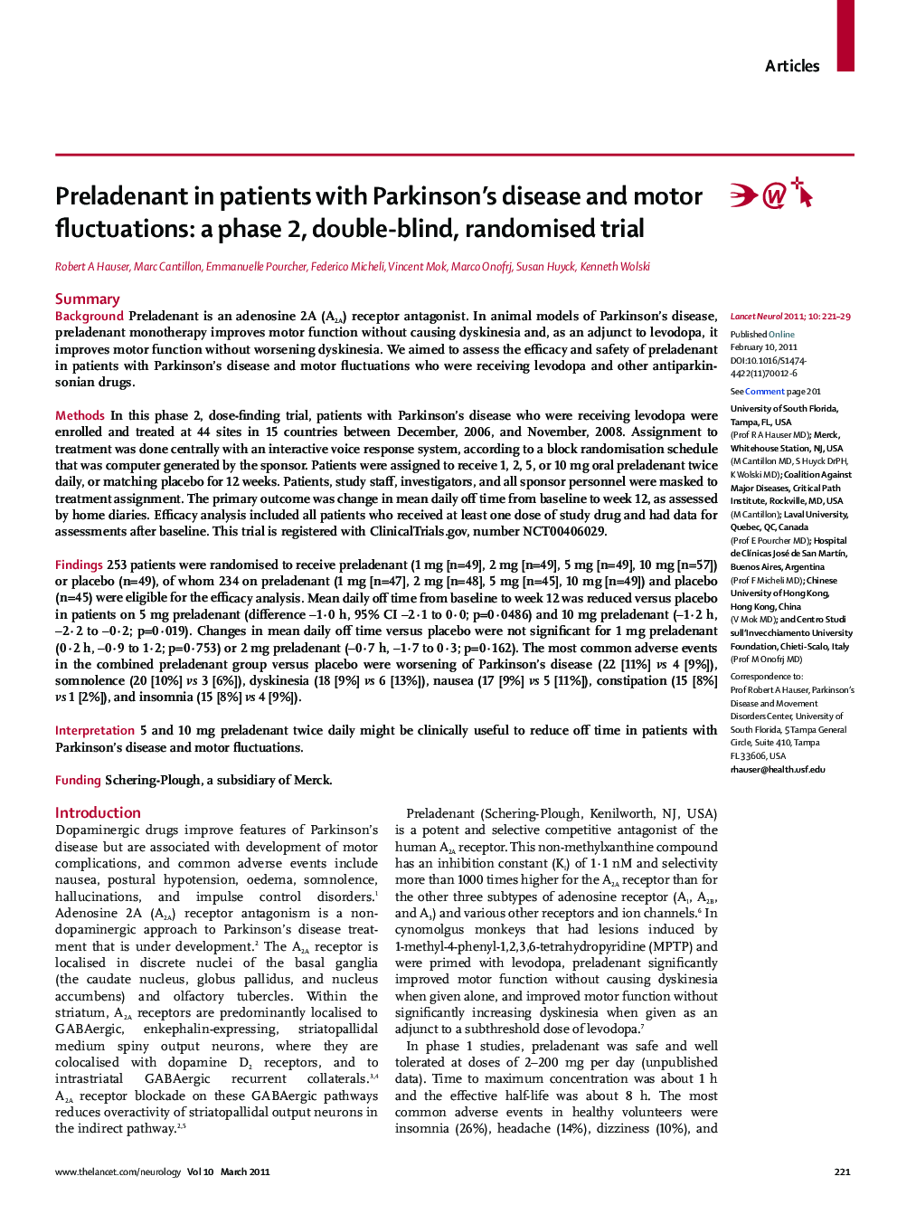 Preladenant in patients with Parkinson's disease and motor fluctuations: a phase 2, double-blind, randomised trial