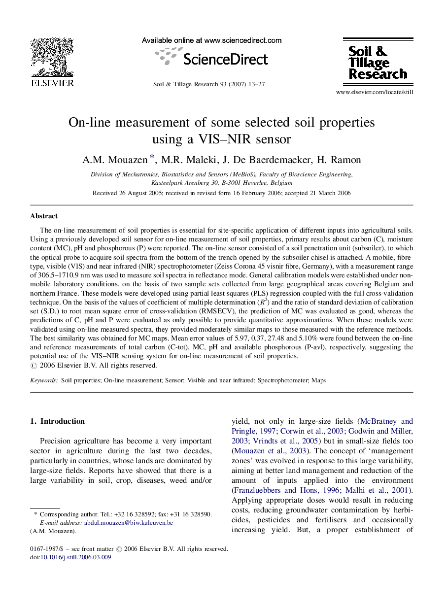 On-line measurement of some selected soil properties using a VIS–NIR sensor