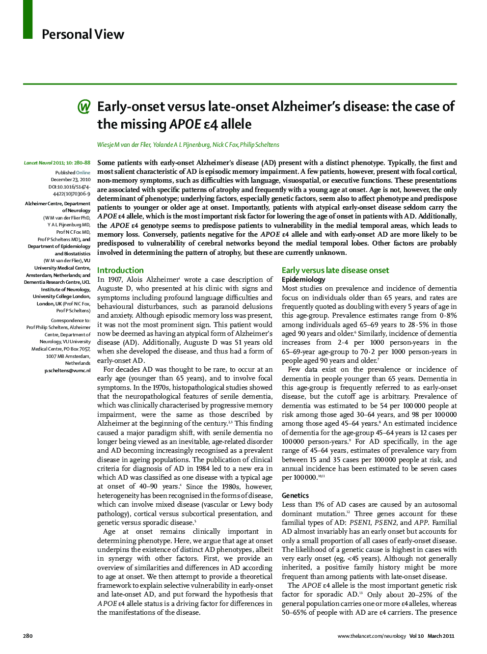 Early-onset versus late-onset Alzheimer's disease: the case of the missing APOE ɛ4 allele