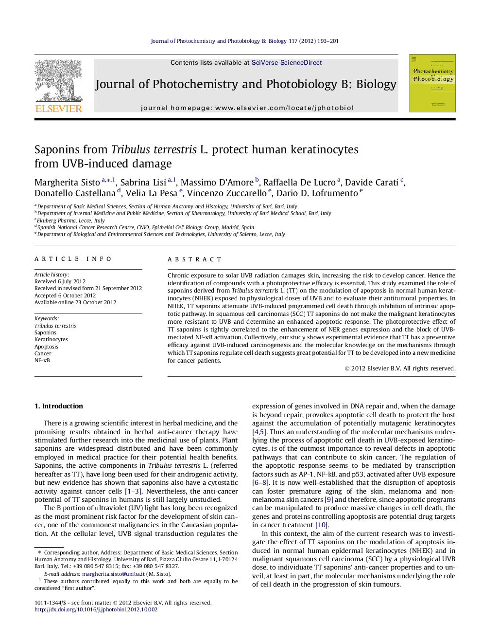 عکس صفحه اول مقاله: Saponins from Tribulus terrestris L. protect human keratinocytes from UVB-induced damage Saponins from Tribulus terrestris L. protect human keratinocytes from UVB-induced damage