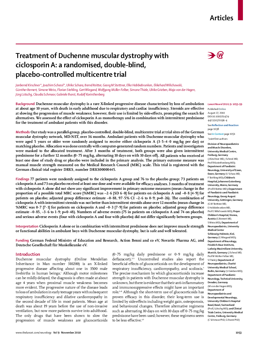 Treatment of Duchenne muscular dystrophy with ciclosporin A: a randomised, double-blind, placebo-controlled multicentre trial
