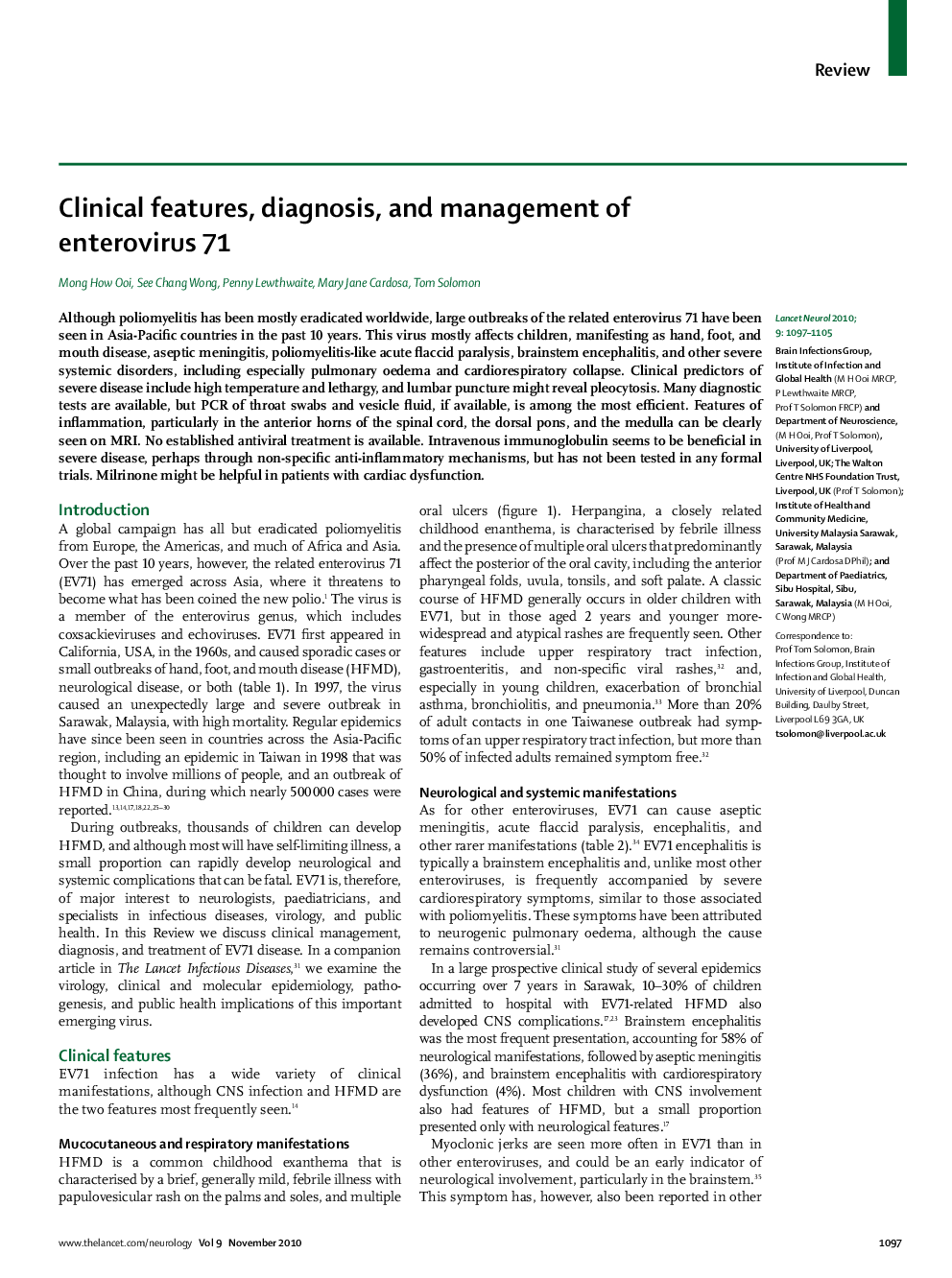 Clinical features, diagnosis, and management of enterovirus 71