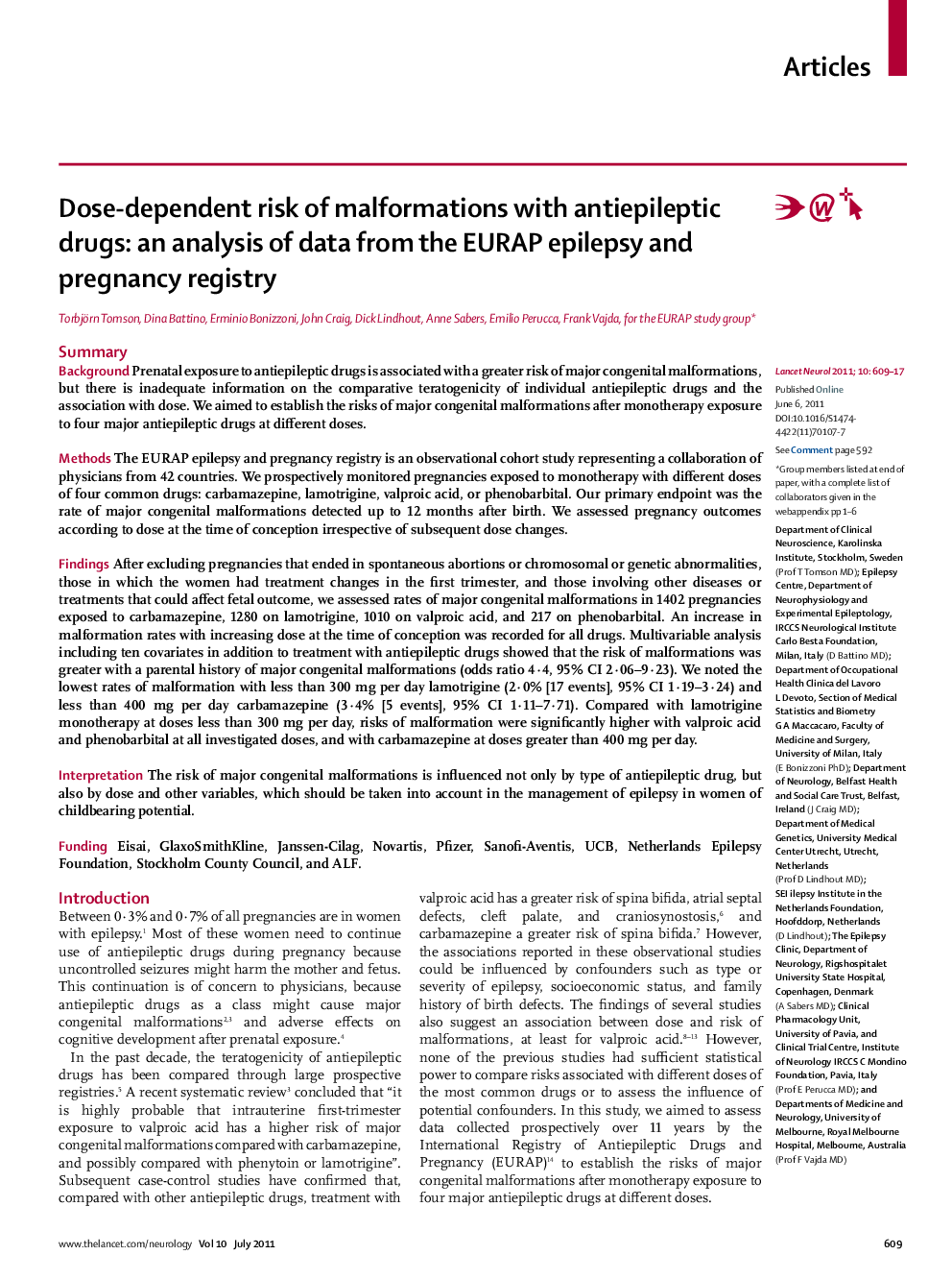 Dose-dependent risk of malformations with antiepileptic drugs: an analysis of data from the EURAP epilepsy and pregnancy registry