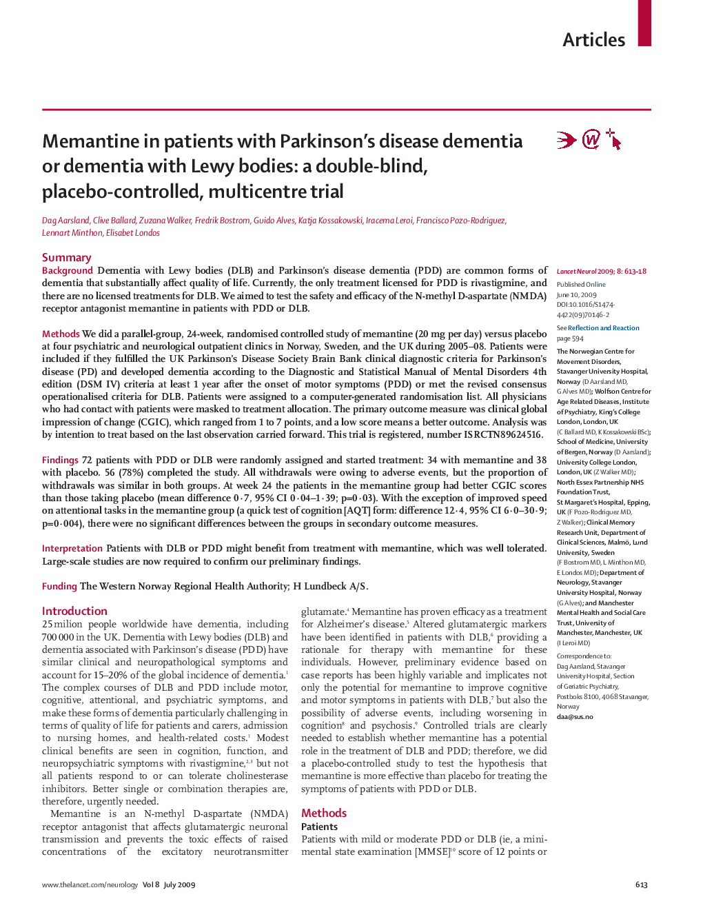 Memantine in patients with Parkinson's disease dementia or dementia with Lewy bodies: a double-blind, placebo-controlled, multicentre trial