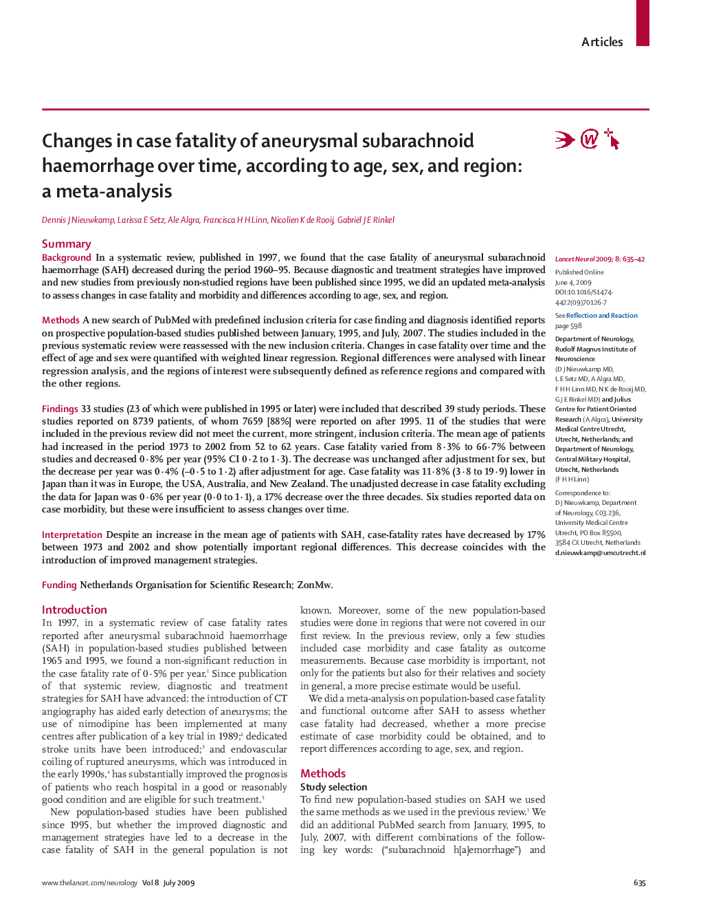 Changes in case fatality of aneurysmal subarachnoid haemorrhage over time, according to age, sex, and region: a meta-analysis
