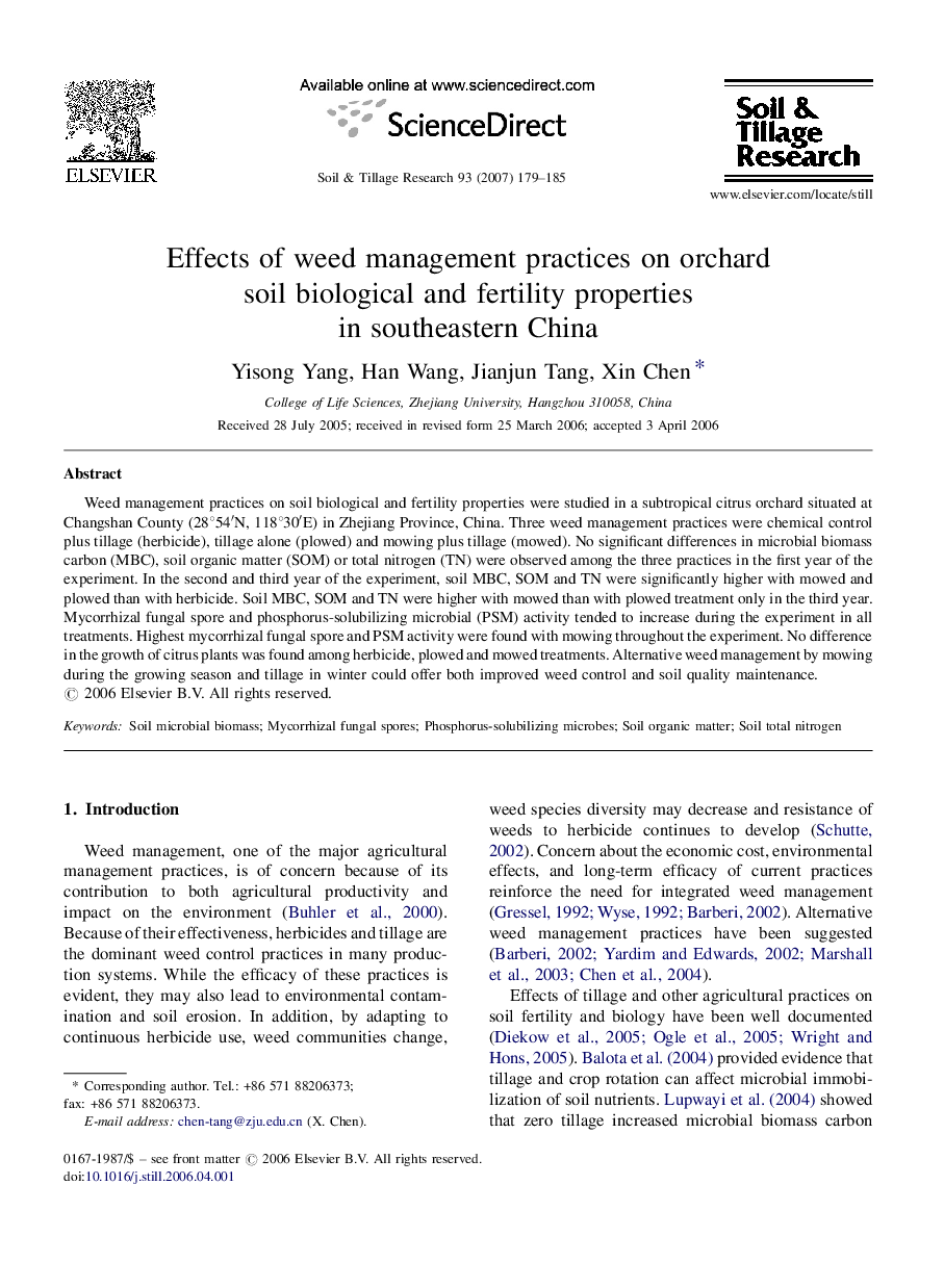 Effects of weed management practices on orchard soil biological and fertility properties in southeastern China